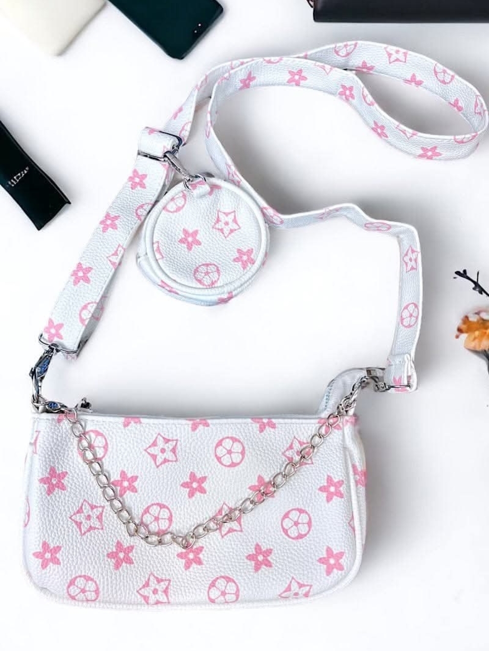 Kids White and Pink Star Print Crossbody Bag with Coin Pouch